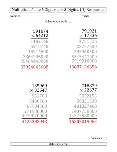 La hoja de ejercicios de Multiplicar Números de 6 Dígitos por 5 Dígitos (Formato Grande) (D) Página 2