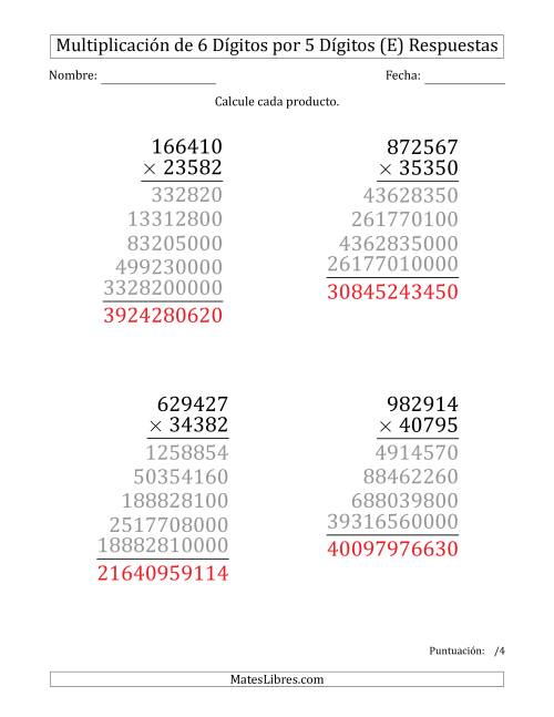 La hoja de ejercicios de Multiplicar Números de 6 Dígitos por 5 Dígitos (Formato Grande) (E) Página 2