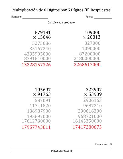 La hoja de ejercicios de Multiplicar Números de 6 Dígitos por 5 Dígitos (Formato Grande) (F) Página 2