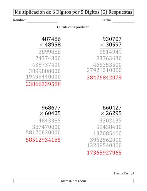 La hoja de ejercicios de Multiplicar Números de 6 Dígitos por 5 Dígitos (Formato Grande) (G) Página 2