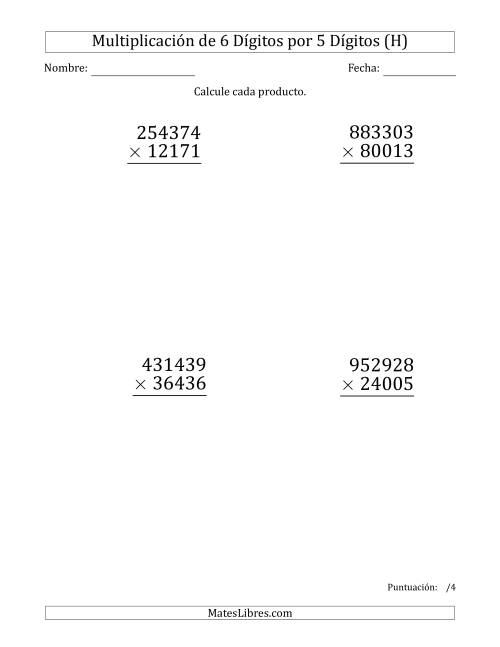 La hoja de ejercicios de Multiplicar Números de 6 Dígitos por 5 Dígitos (Formato Grande) (H)