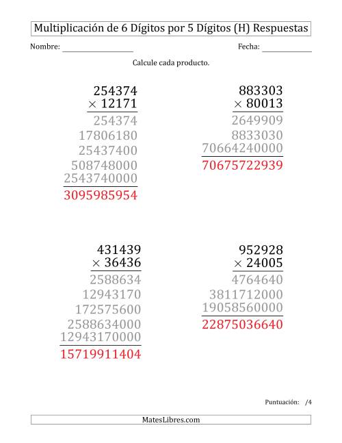 La hoja de ejercicios de Multiplicar Números de 6 Dígitos por 5 Dígitos (Formato Grande) (H) Página 2
