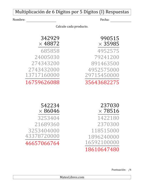 La hoja de ejercicios de Multiplicar Números de 6 Dígitos por 5 Dígitos (Formato Grande) (I) Página 2