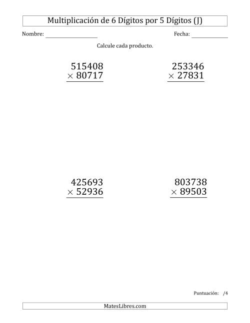 La hoja de ejercicios de Multiplicar Números de 6 Dígitos por 5 Dígitos (Formato Grande) (J)