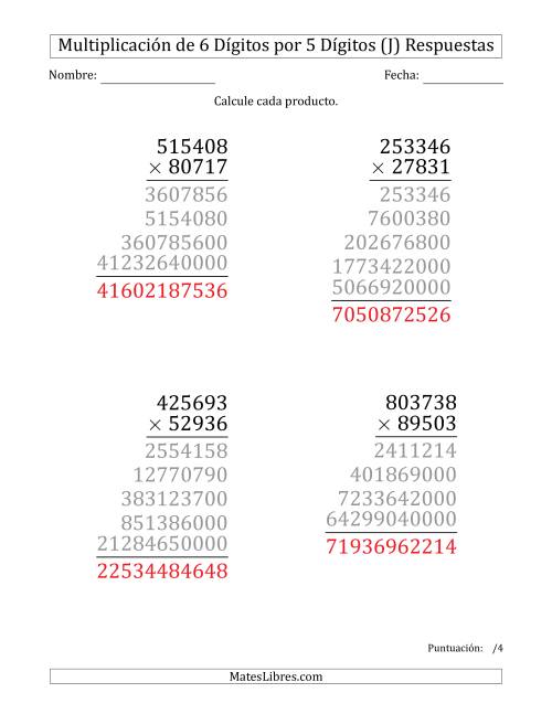 La hoja de ejercicios de Multiplicar Números de 6 Dígitos por 5 Dígitos (Formato Grande) (J) Página 2