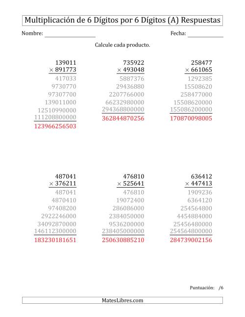 La hoja de ejercicios de Multiplicar Números de 6 Dígitos por 6 Dígitos (A) Página 2