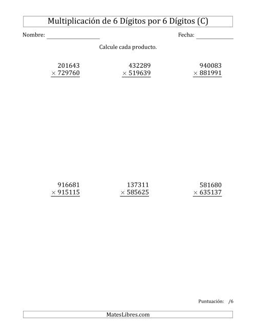 La hoja de ejercicios de Multiplicar Números de 6 Dígitos por 6 Dígitos (C)