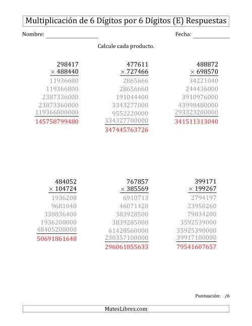 La hoja de ejercicios de Multiplicar Números de 6 Dígitos por 6 Dígitos (E) Página 2
