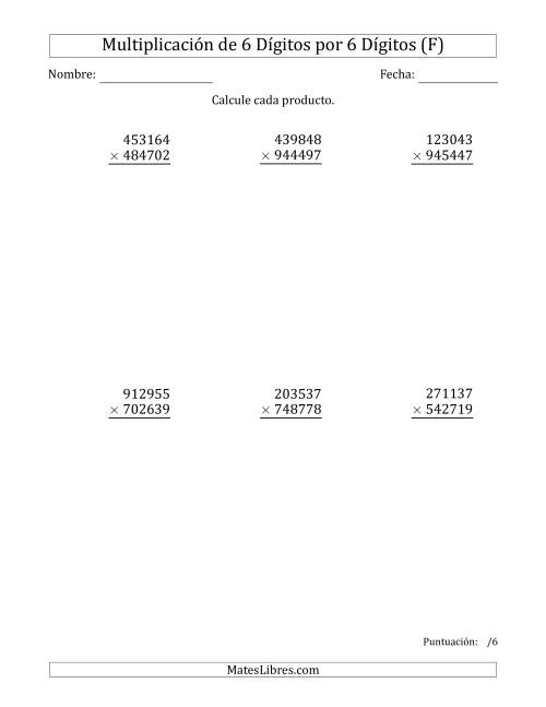 La hoja de ejercicios de Multiplicar Números de 6 Dígitos por 6 Dígitos (F)