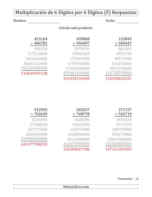 La hoja de ejercicios de Multiplicar Números de 6 Dígitos por 6 Dígitos (F) Página 2