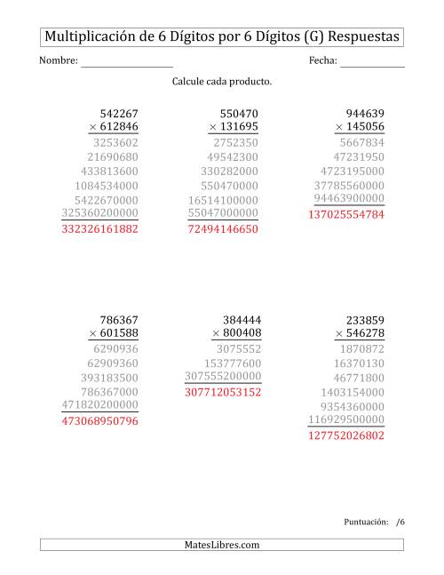 La hoja de ejercicios de Multiplicar Números de 6 Dígitos por 6 Dígitos (G) Página 2