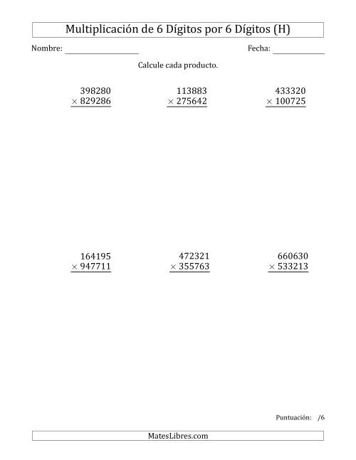 La hoja de ejercicios de Multiplicar Números de 6 Dígitos por 6 Dígitos (H)