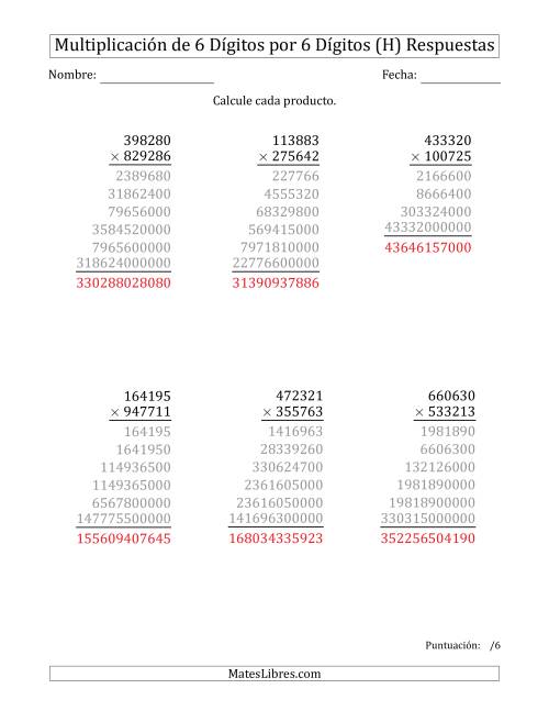 La hoja de ejercicios de Multiplicar Números de 6 Dígitos por 6 Dígitos (H) Página 2