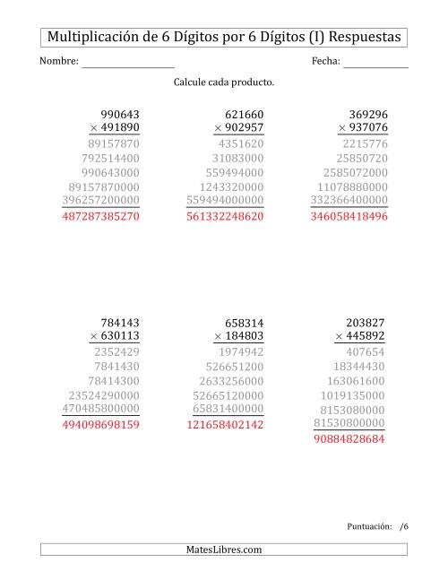 La hoja de ejercicios de Multiplicar Números de 6 Dígitos por 6 Dígitos (I) Página 2
