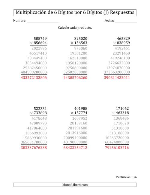 La hoja de ejercicios de Multiplicar Números de 6 Dígitos por 6 Dígitos (J) Página 2