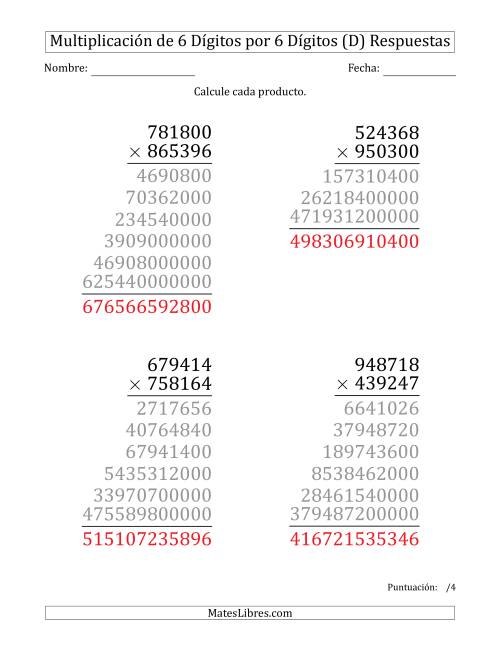 La hoja de ejercicios de Multiplicar Números de 6 Dígitos por 6 Dígitos (Formato Grande) (D) Página 2