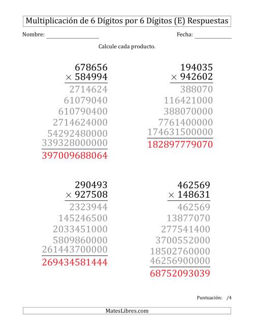 La hoja de ejercicios de Multiplicar Números de 6 Dígitos por 6 Dígitos (Formato Grande) (E) Página 2