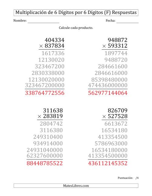 La hoja de ejercicios de Multiplicar Números de 6 Dígitos por 6 Dígitos (Formato Grande) (F) Página 2