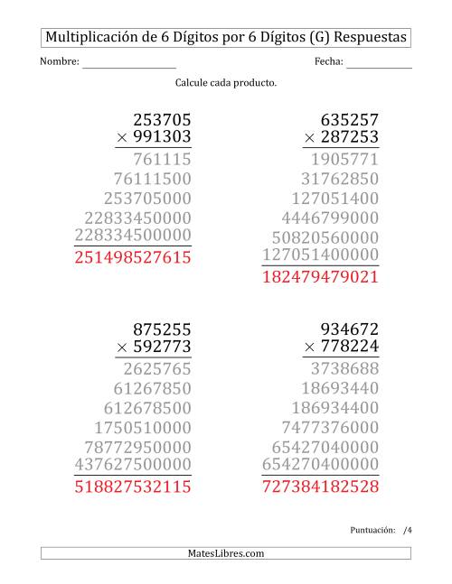 La hoja de ejercicios de Multiplicar Números de 6 Dígitos por 6 Dígitos (Formato Grande) (G) Página 2