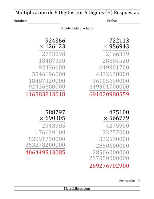 La hoja de ejercicios de Multiplicar Números de 6 Dígitos por 6 Dígitos (Formato Grande) (H) Página 2