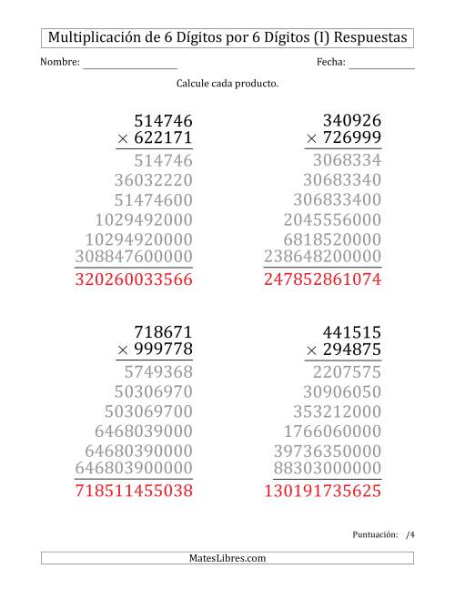 La hoja de ejercicios de Multiplicar Números de 6 Dígitos por 6 Dígitos (Formato Grande) (I) Página 2