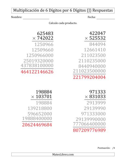 La hoja de ejercicios de Multiplicar Números de 6 Dígitos por 6 Dígitos (Formato Grande) (J) Página 2