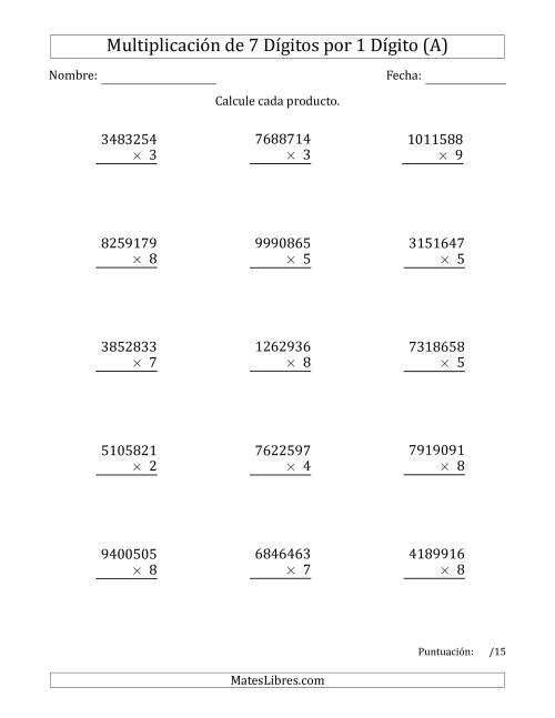 La hoja de ejercicios de Multiplicar Números de 7 Dígitos por 1 Dígito (A)