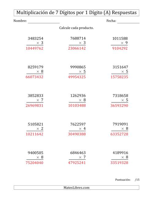 La hoja de ejercicios de Multiplicar Números de 7 Dígitos por 1 Dígito (A) Página 2