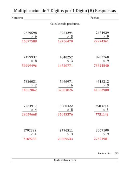 La hoja de ejercicios de Multiplicar Números de 7 Dígitos por 1 Dígito (B) Página 2