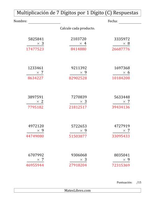 La hoja de ejercicios de Multiplicar Números de 7 Dígitos por 1 Dígito (C) Página 2