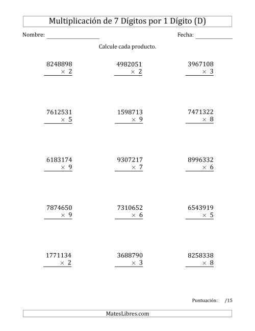 La hoja de ejercicios de Multiplicar Números de 7 Dígitos por 1 Dígito (D)