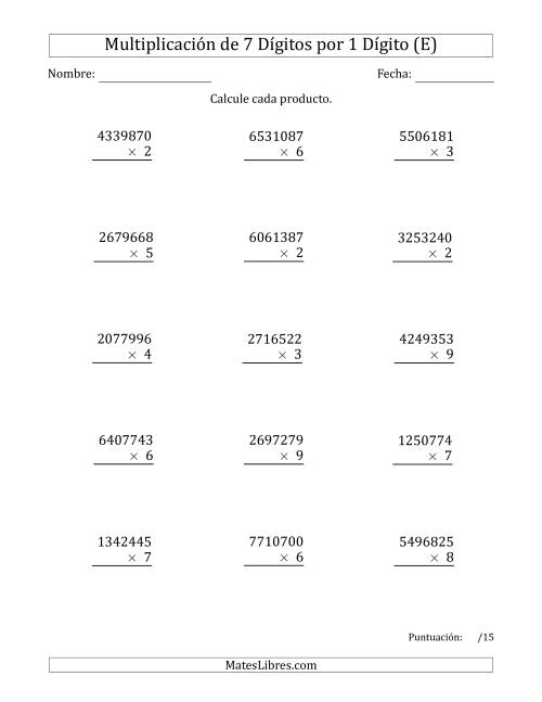 La hoja de ejercicios de Multiplicar Números de 7 Dígitos por 1 Dígito (E)