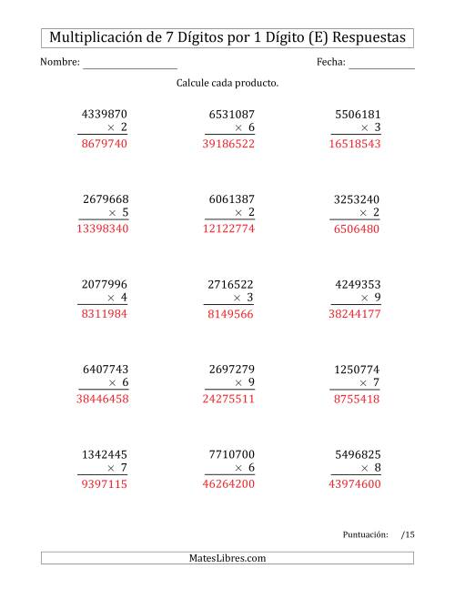 La hoja de ejercicios de Multiplicar Números de 7 Dígitos por 1 Dígito (E) Página 2