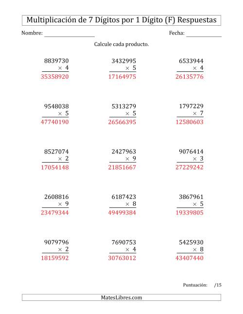 La hoja de ejercicios de Multiplicar Números de 7 Dígitos por 1 Dígito (F) Página 2