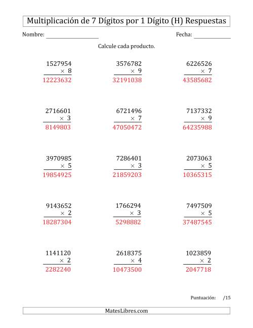La hoja de ejercicios de Multiplicar Números de 7 Dígitos por 1 Dígito (H) Página 2