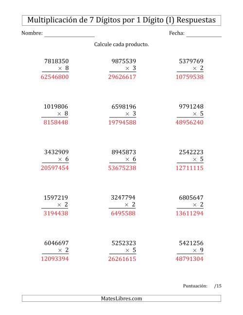 La hoja de ejercicios de Multiplicar Números de 7 Dígitos por 1 Dígito (I) Página 2