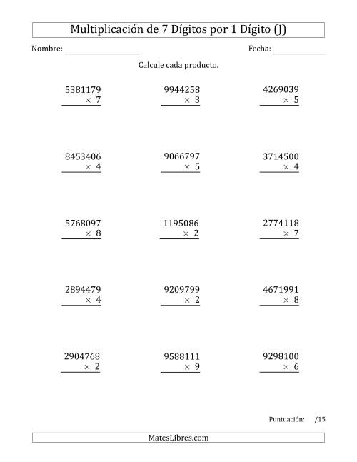 La hoja de ejercicios de Multiplicar Números de 7 Dígitos por 1 Dígito (J)