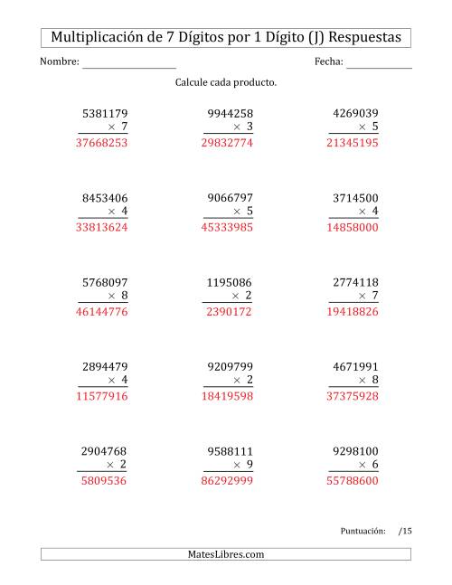 La hoja de ejercicios de Multiplicar Números de 7 Dígitos por 1 Dígito (J) Página 2