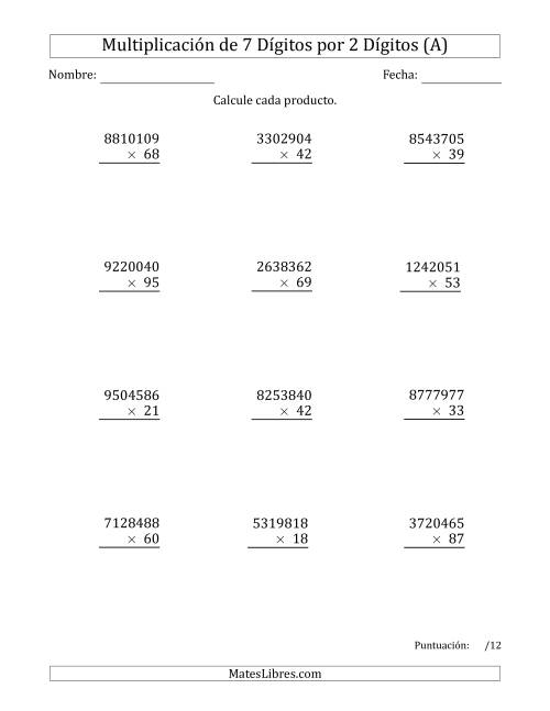 La hoja de ejercicios de Multiplicar Números de 7 Dígitos por 2 Dígitos (A)