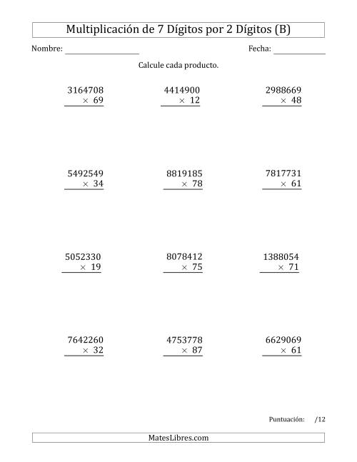 La hoja de ejercicios de Multiplicar Números de 7 Dígitos por 2 Dígitos (B)