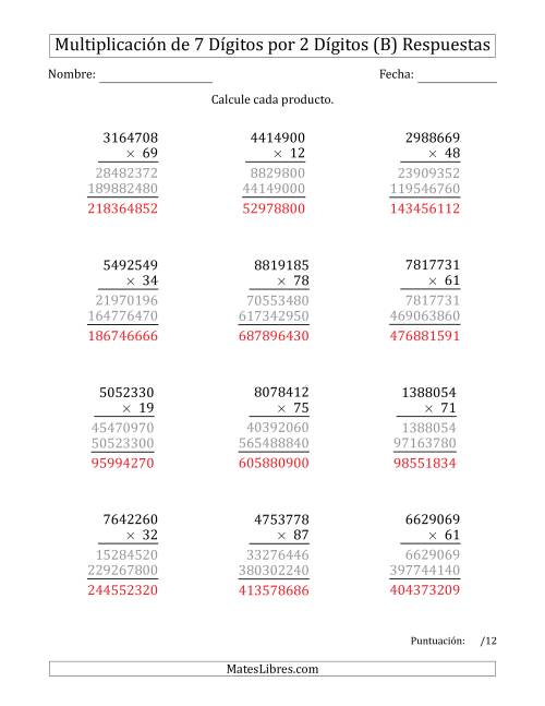 La hoja de ejercicios de Multiplicar Números de 7 Dígitos por 2 Dígitos (B) Página 2