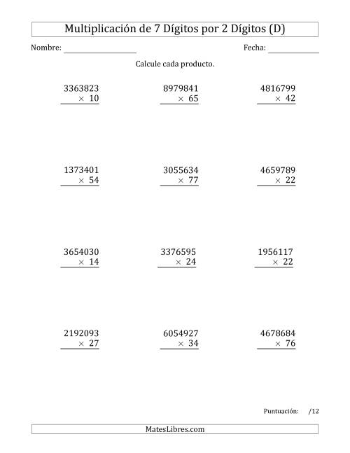 La hoja de ejercicios de Multiplicar Números de 7 Dígitos por 2 Dígitos (D)