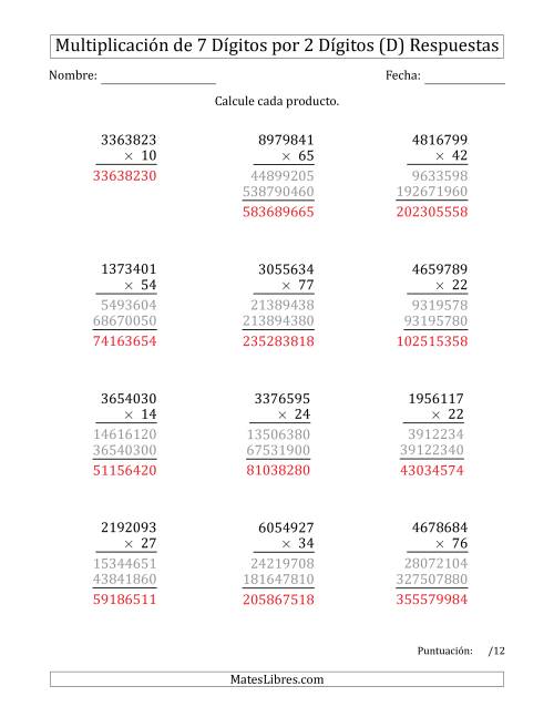 La hoja de ejercicios de Multiplicar Números de 7 Dígitos por 2 Dígitos (D) Página 2
