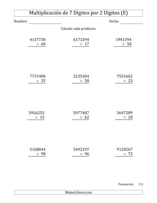 La hoja de ejercicios de Multiplicar Números de 7 Dígitos por 2 Dígitos (E)