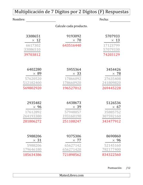 La hoja de ejercicios de Multiplicar Números de 7 Dígitos por 2 Dígitos (F) Página 2