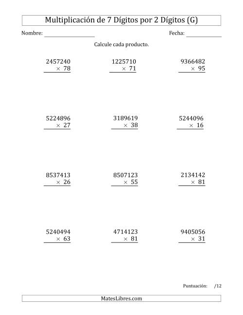 La hoja de ejercicios de Multiplicar Números de 7 Dígitos por 2 Dígitos (G)