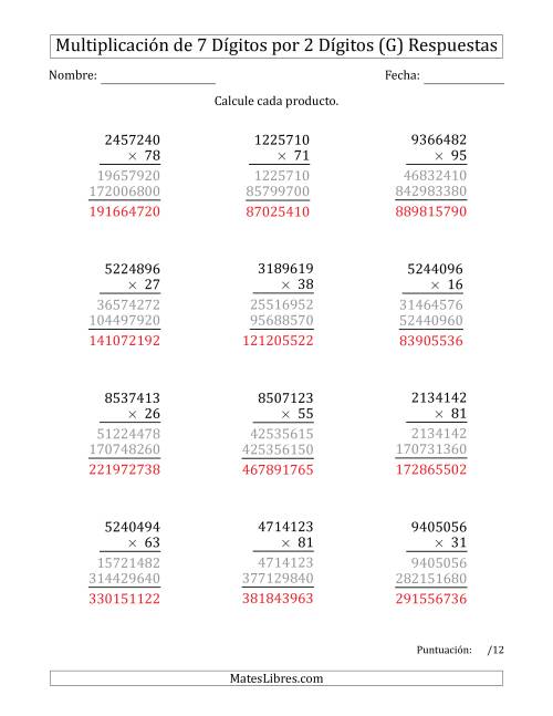 La hoja de ejercicios de Multiplicar Números de 7 Dígitos por 2 Dígitos (G) Página 2