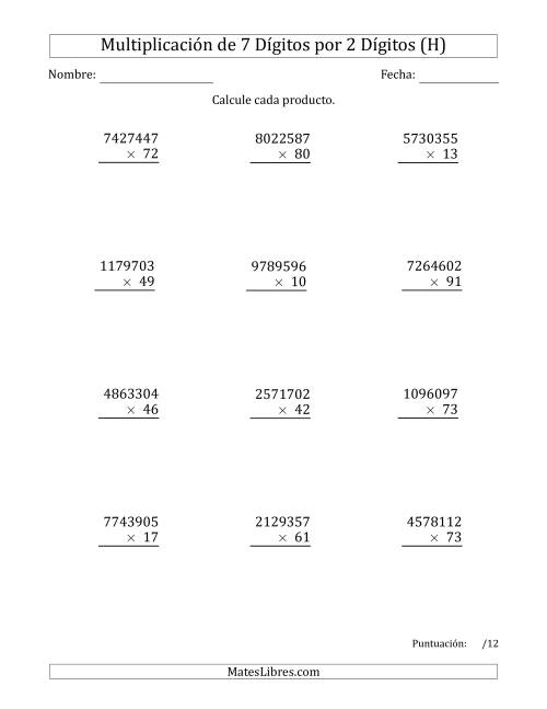 La hoja de ejercicios de Multiplicar Números de 7 Dígitos por 2 Dígitos (H)
