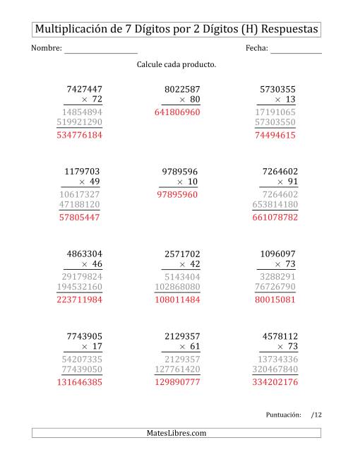 La hoja de ejercicios de Multiplicar Números de 7 Dígitos por 2 Dígitos (H) Página 2