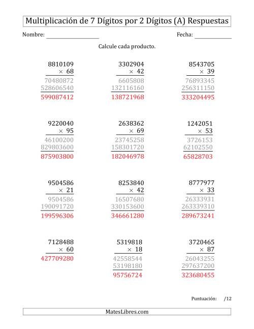 La hoja de ejercicios de Multiplicar Números de 7 Dígitos por 2 Dígitos (Todas) Página 2